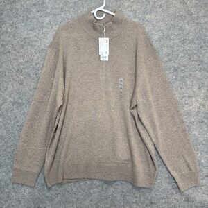 Uniqlo 100% Cashmere Sweater Mens 3XL 1/2 Zip Soft Luxury Brown Knit Ribbed Trim